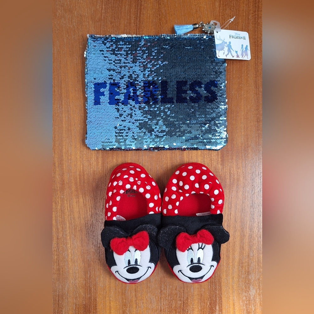 Disney Kids Minnie Mouse Slippers Frozen Sequins Pencil Zip Pouch Sparkly NEW